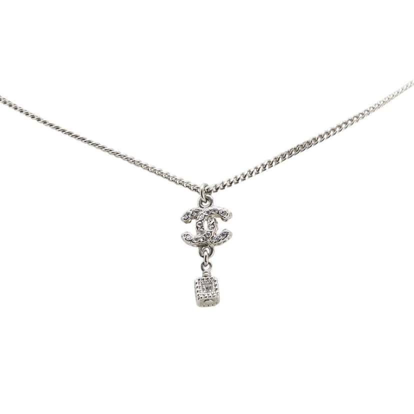 Chanel Silver CC Crystal Studded Cube Pendant Necklace Silver Silver Good condition - Front View