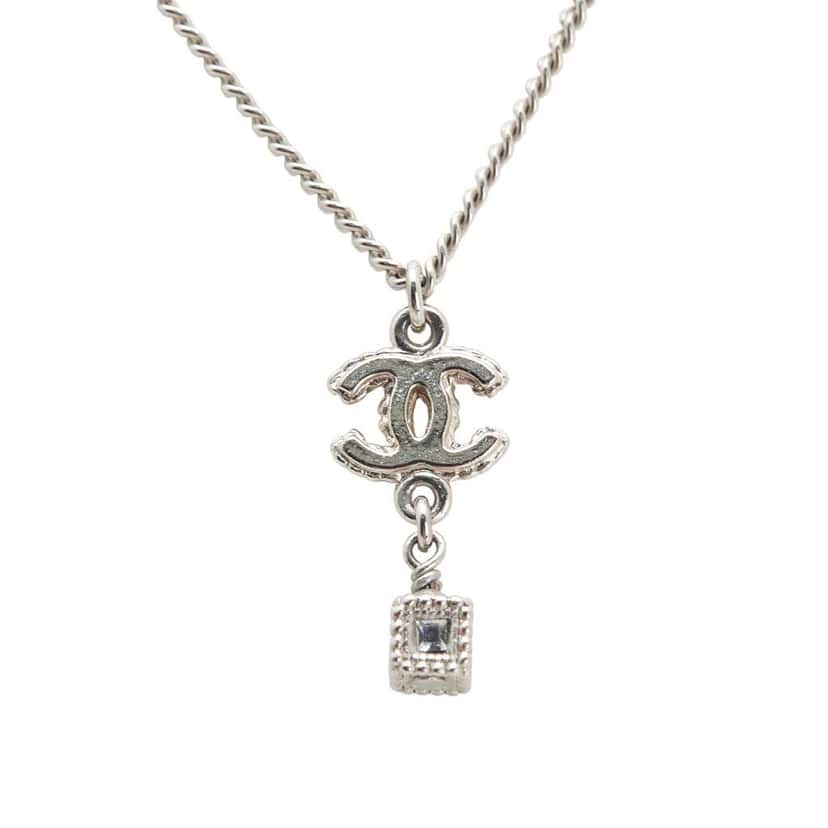 Chanel Silver CC Crystal Studded Cube Pendant Necklace Silver Silver Good condition - Back View