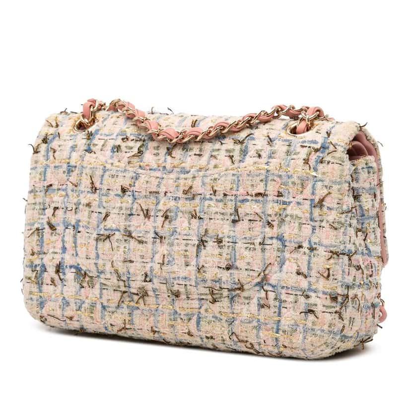 Chanel Medium Classic Boucle Tweed Double Flap Pink Tweed Good condition - Back View