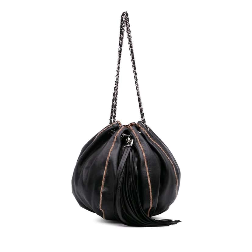 Chanel Lambskin and Satin Reversible Sac Cordon Bucket Bag Black Leather Good condition - Front View
