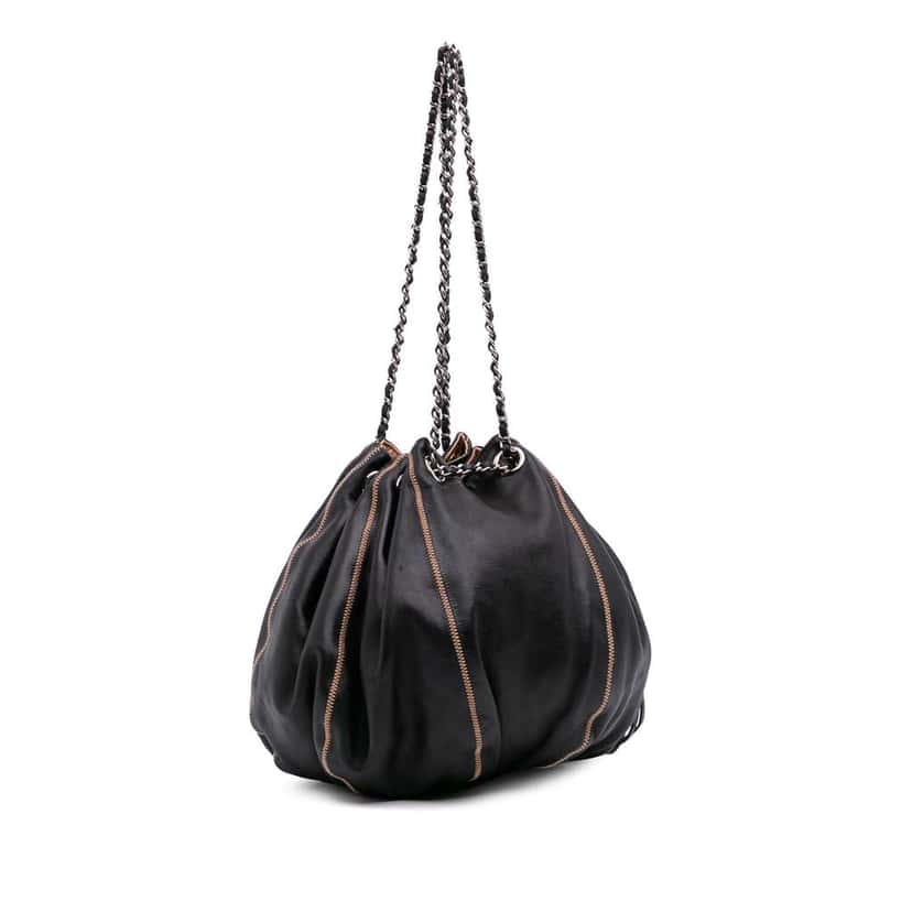 Chanel Lambskin and Satin Reversible Sac Cordon Bucket Bag Black Leather Good condition - Back View