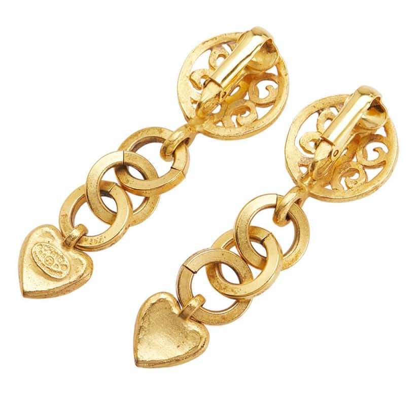 Chanel Gold Plated CC Heart Drop Clip on Earrings Gold Metal Good condition - Back View
