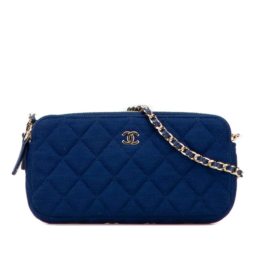 Chanel CC Quilted Jersey Double Zip Wallet on Chain Blue Cotton Good condition - Front View