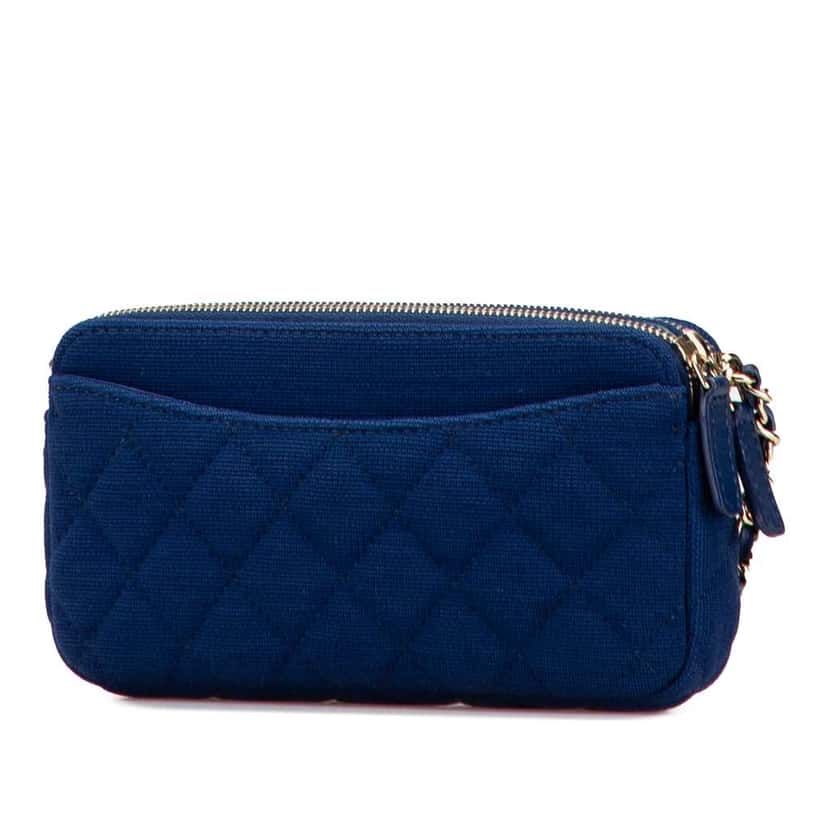 Chanel CC Quilted Jersey Double Zip Wallet on Chain Blue Cotton Good condition - Back View
