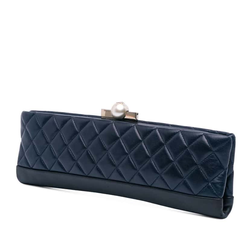 Chanel CC Quilted Lambskin Pearl Evening Baguette Clutch Blue Leather Good condition - Back View