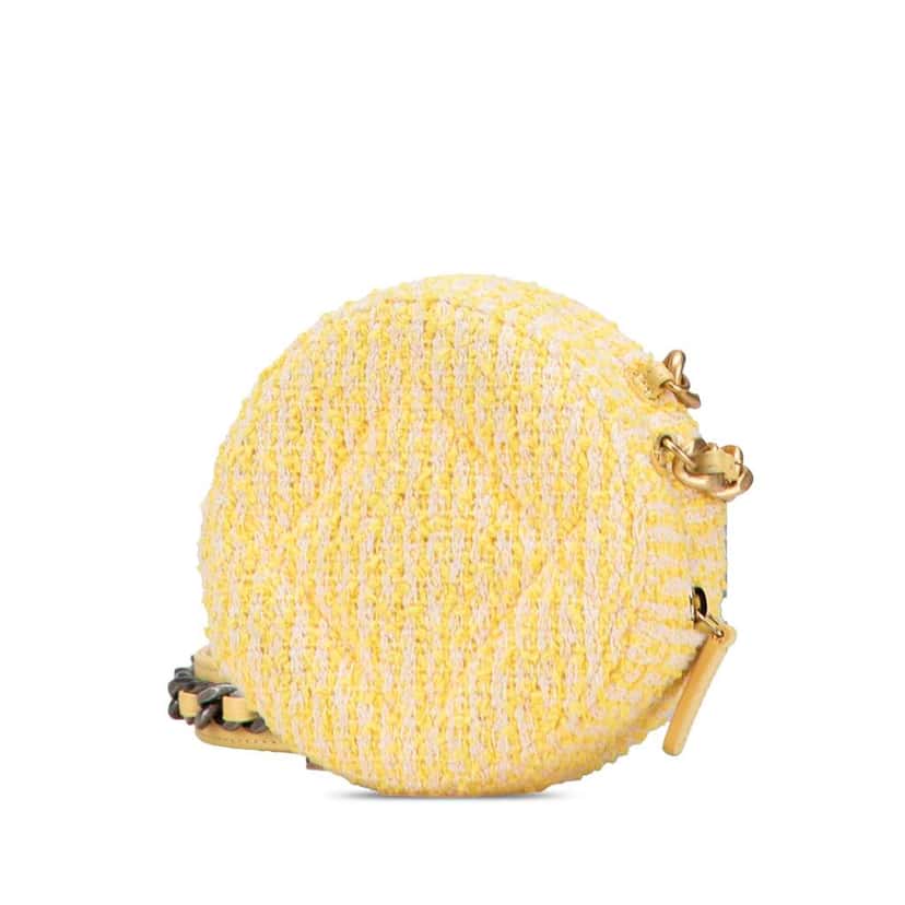 Chanel Tweed 19 Round Clutch with Chain Yellow Tweed Good condition - Back View