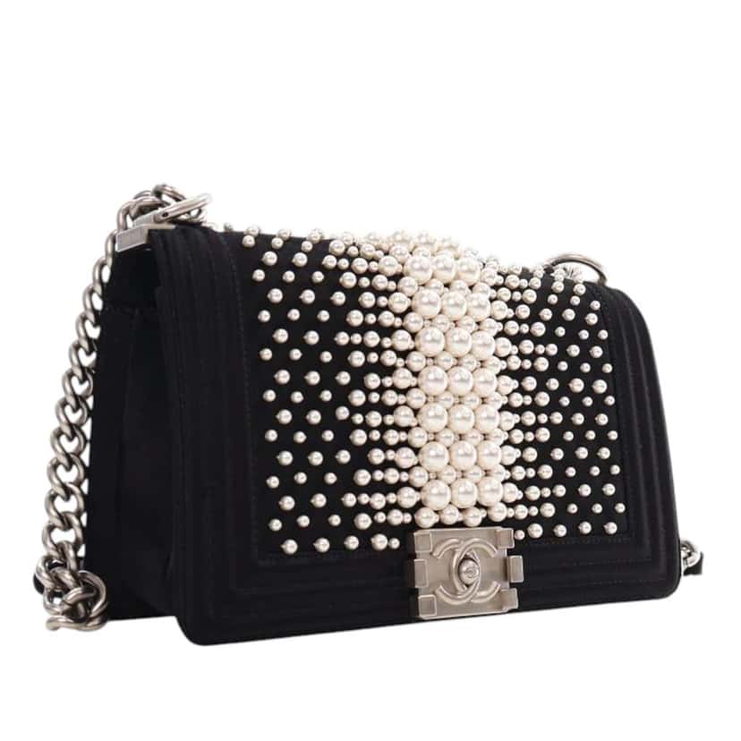 Chanel Old Medium Satin Pearl Embellished Boy Flap Black Satin Good condition - Back View