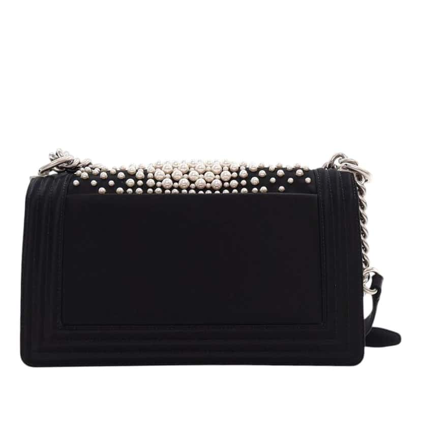 Chanel Old Medium Satin Pearl Embellished Boy Flap Black Satin Good condition - Inside View