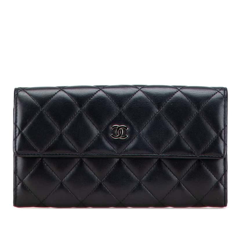 Chanel Quilted Lambskin Flap Long Wallet Black Leather Good condition - Front View