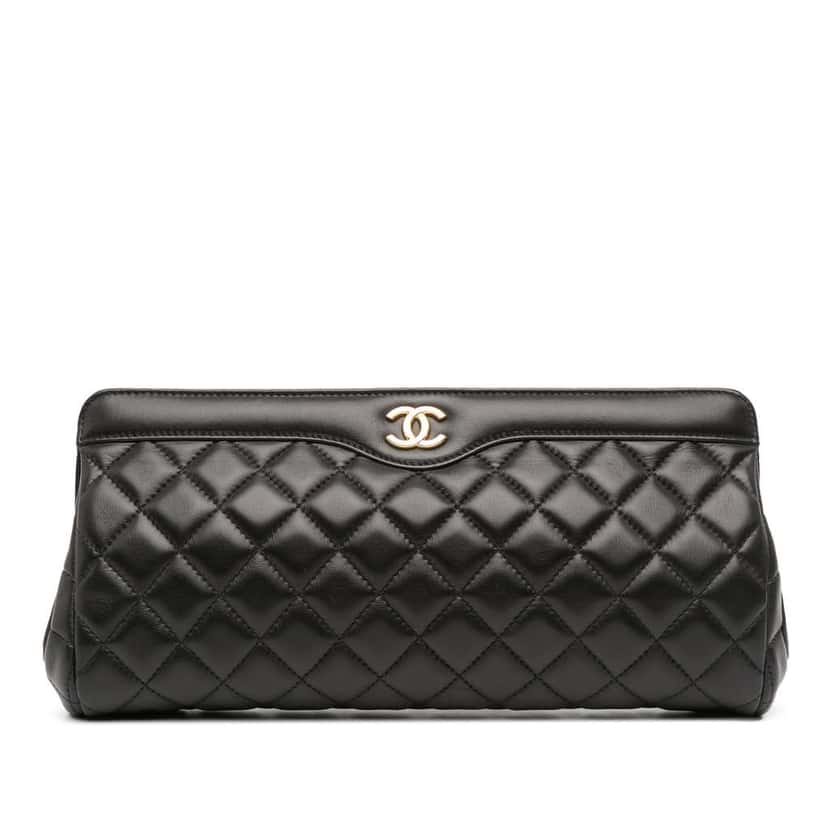 Chanel CC Quilted Lambskin Frame Clutch Black Leather Good condition - Front View