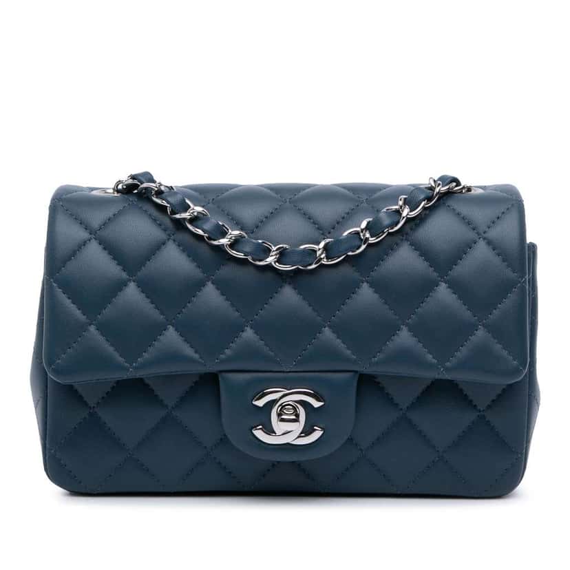 Chanel Mini Rectangular Classic Lambskin Single Flap Blue Leather Good condition - Front View