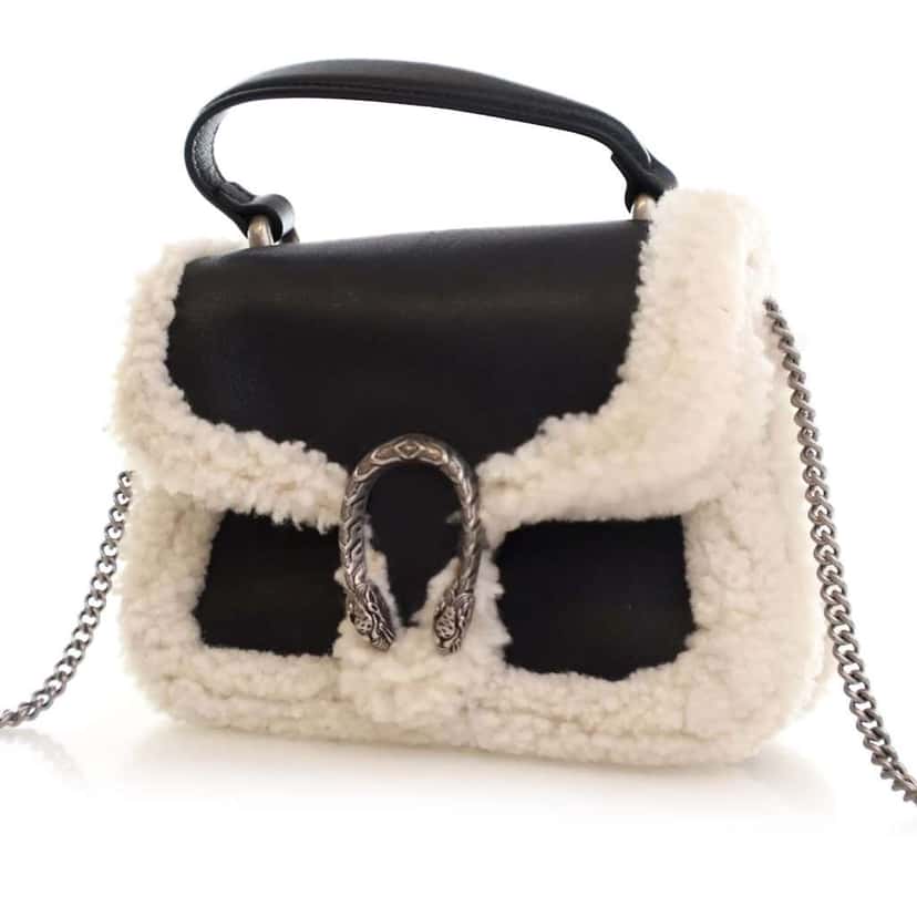 Gucci Mini Leather and Shearling Dionysus Top Handle Bag Black Leather Good condition - Inside View
