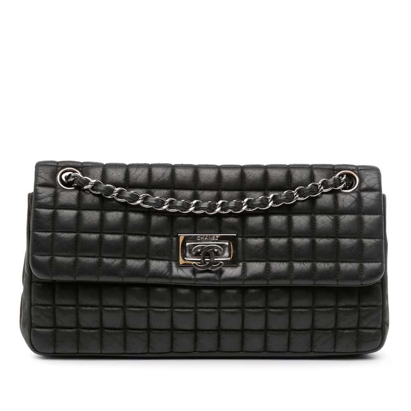 Chanel Chocolate Bar Iridescent Calfskin Bubble Flap Black Leather Good condition - Front View
