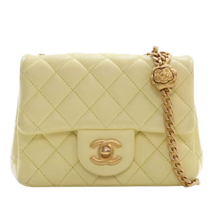 Chanel Mini Square Lambskin Sweet Camellia Flap Yellow Leather Good condition - Front View