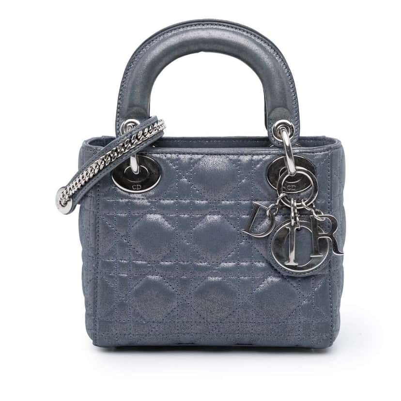 Dior Mini Iridescent Lambskin Cannage Lady Dior Blue Leather Good condition - Front View