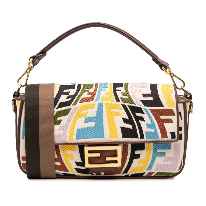 Fendi Sarah Coleman Zucca Embroidered Canvas Fish Eye Vertigo Baguette Satchel Brown Canvas Good condition - Front View