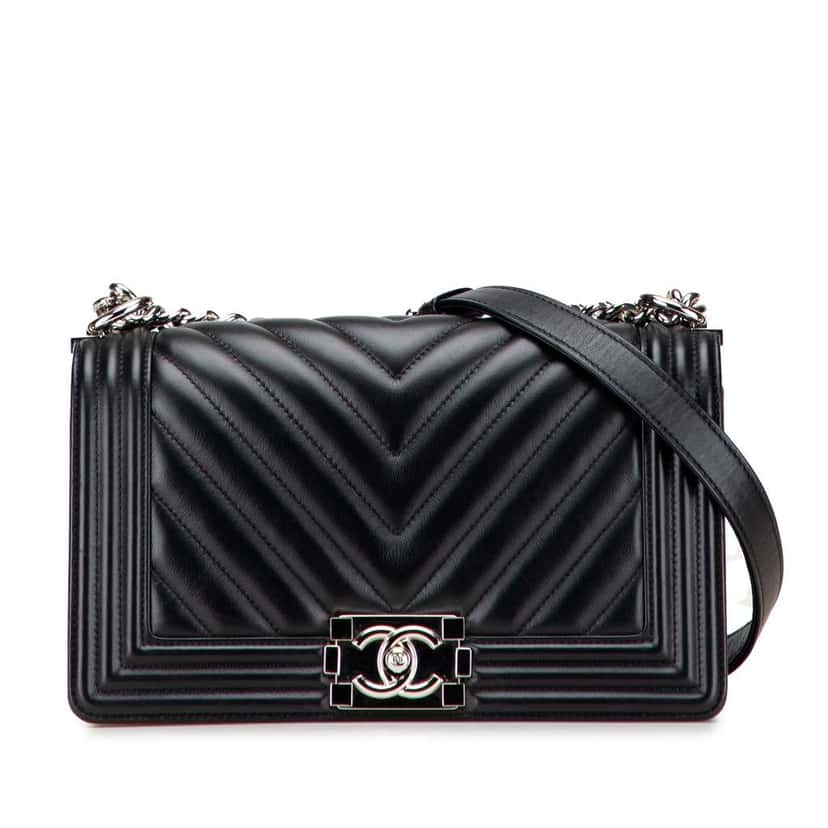 Chanel Old Medium Chevron Lambskin Boy Flap Black Leather Good condition - Front View