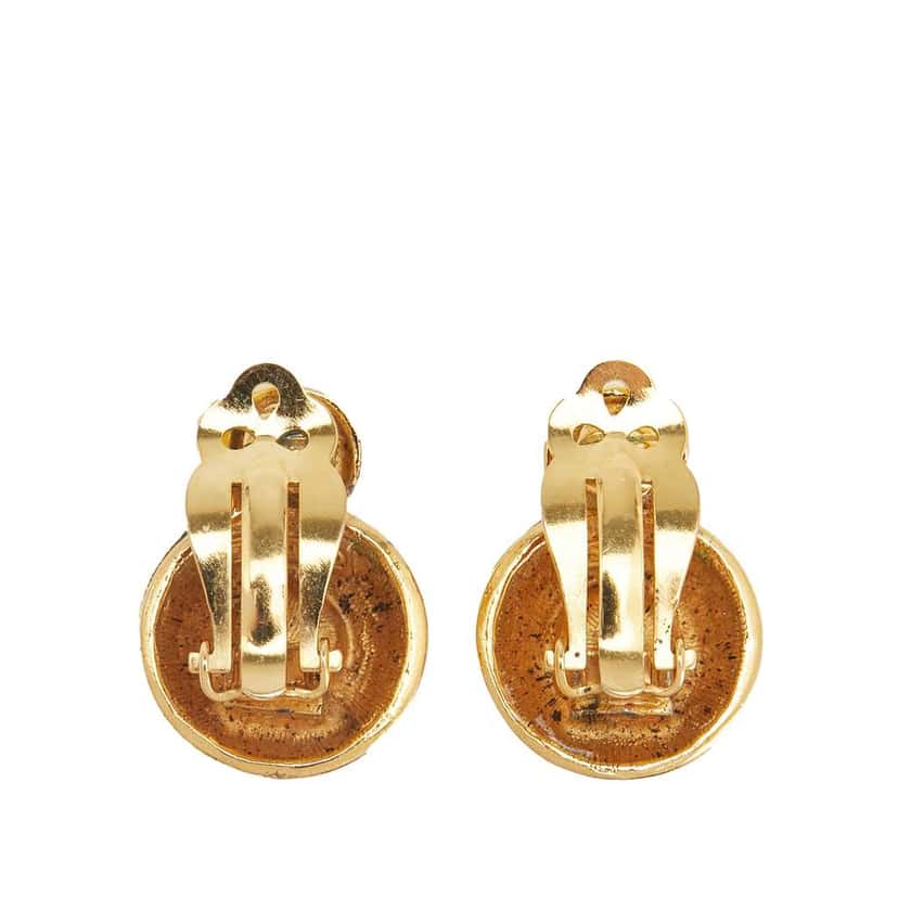 Chanel Gold Plated Rhinestone CC Round Button Drop Clip On Earrings Gold Metal Good condition - Back View