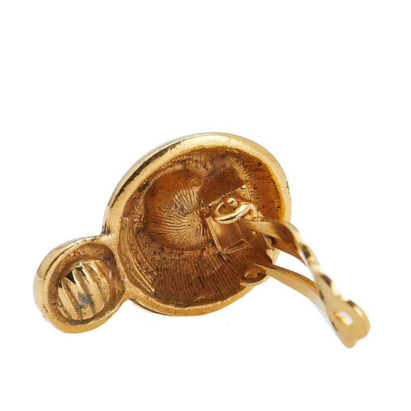 Chanel Gold Plated Rhinestone CC Round Button Drop Clip On Earrings Gold Metal Good condition - Inside View