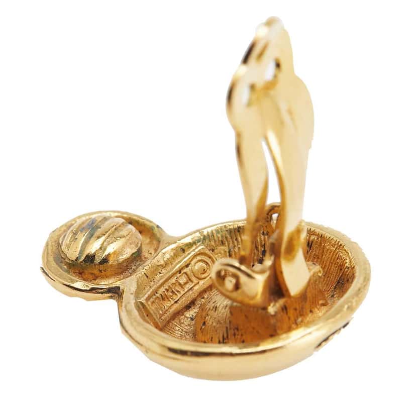 Chanel Gold Plated Rhinestone CC Round Button Drop Clip On Earrings Gold Metal Good condition - Model View