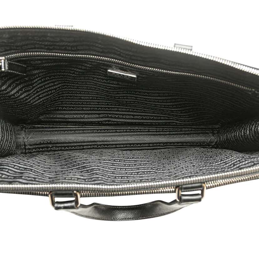 Prada Saffiano Travel Briefcase Black Leather Good condition - Box View