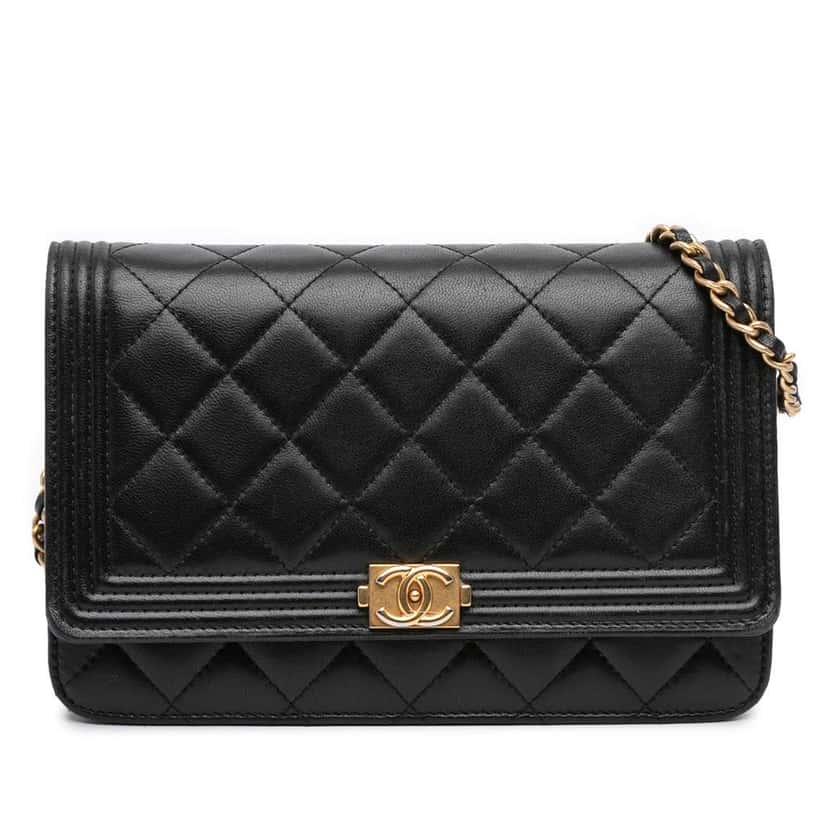 Chanel Quilted Lambskin Boy Wallet On Chain Black Leather Good condition - Front View