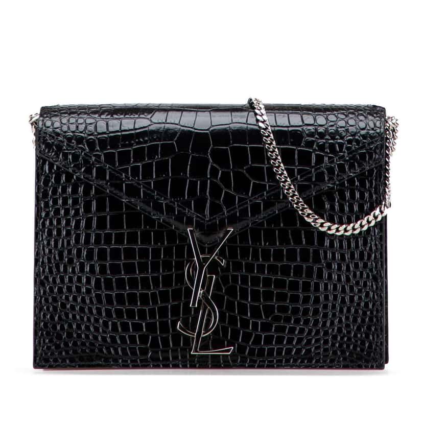 Saint Laurent Croc Embossed Leather Monogram Cassandra Clasp Bag Black Leather Good condition - Front View