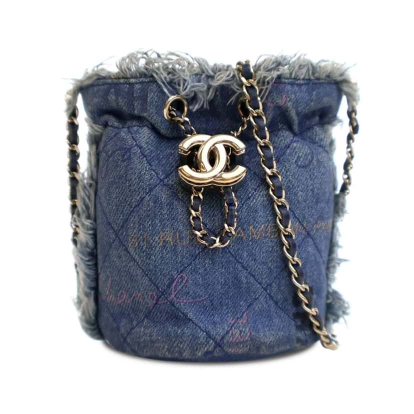 Chanel Mini Denim Mood Bucket with Chain Blue Denim Good condition - Front View