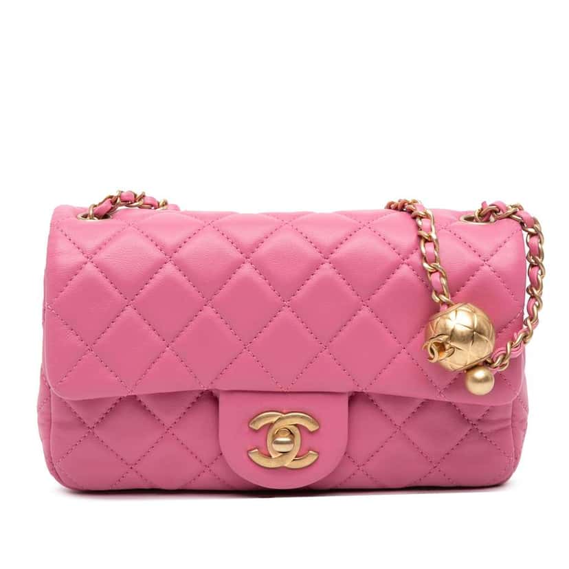 Chanel Mini Rectangular Classic Lambskin Pearl Crush Single Flap Pink Leather Good condition - Front View
