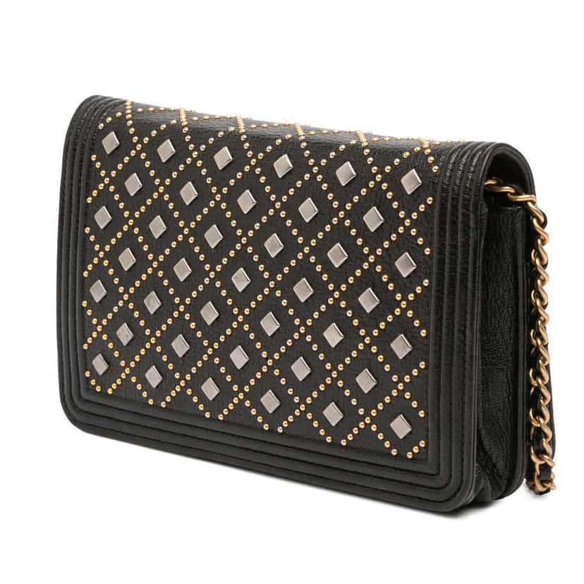 Chanel Studded Grained Calfskin Boy Wallet On Chain Black Leather Good condition - Back View