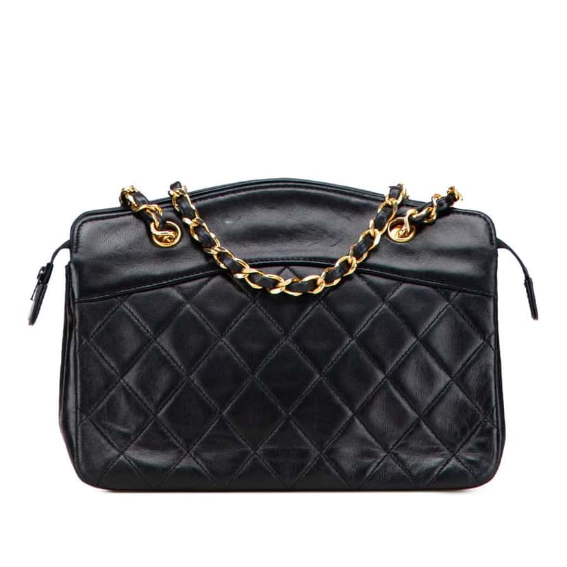 Chanel Quilted Lambskin Chain Handbag Black Leather Good condition - Front View