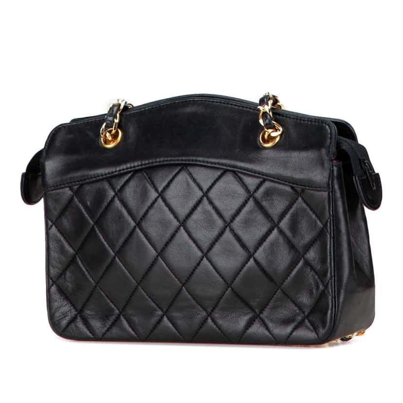 Chanel Quilted Lambskin Chain Handbag Black Leather Good condition - Back View