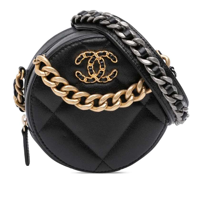 Chanel Lambskin 19 Round Clutch with Chain Black Leather Good condition - Front View