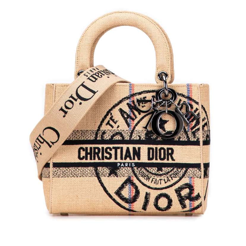 Dior Medium Jute Embroidered Lady D Lite Brown Canvas Good condition - Front View