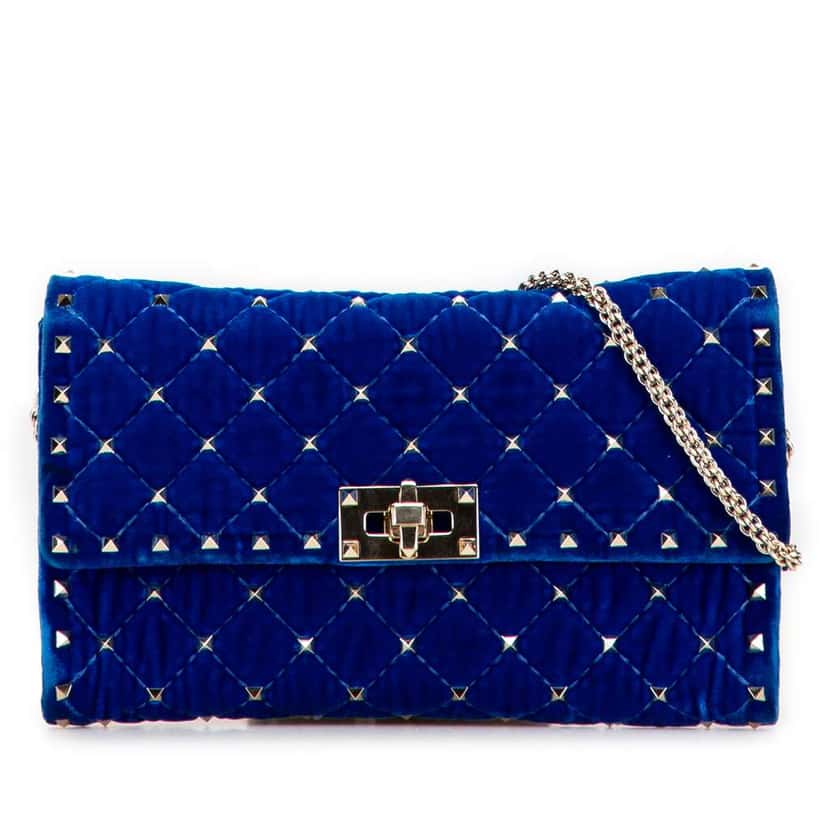 Valentino Quilted Velvet Rockstud Spike Wallet on Chain Blue Velvet Good condition - Front View