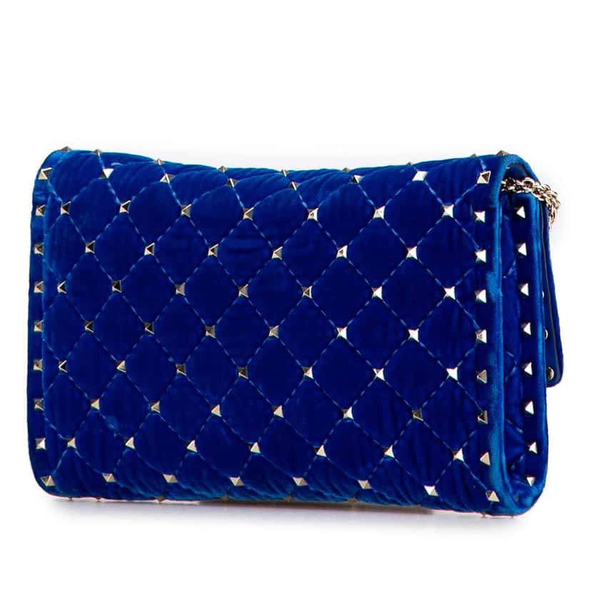 Valentino Quilted Velvet Rockstud Spike Wallet on Chain Blue Velvet Good condition - Back View