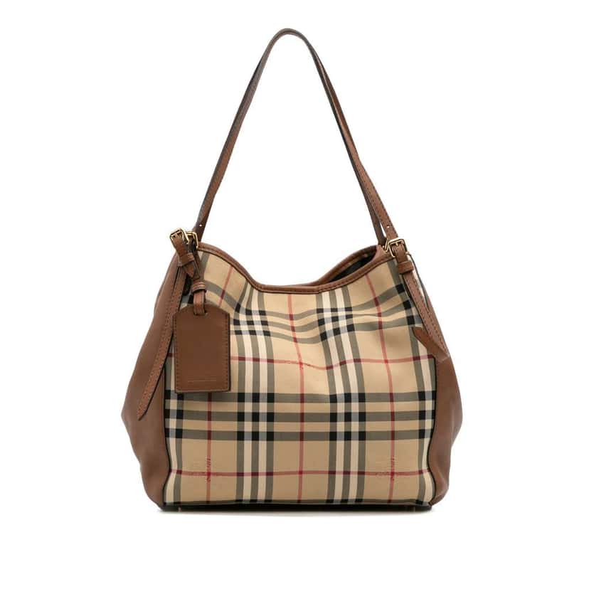 Burberry Small Leather Trimmed Haymarket Check Coated Canvas Canterbury Tote Brown Canvas Good condition - Front View