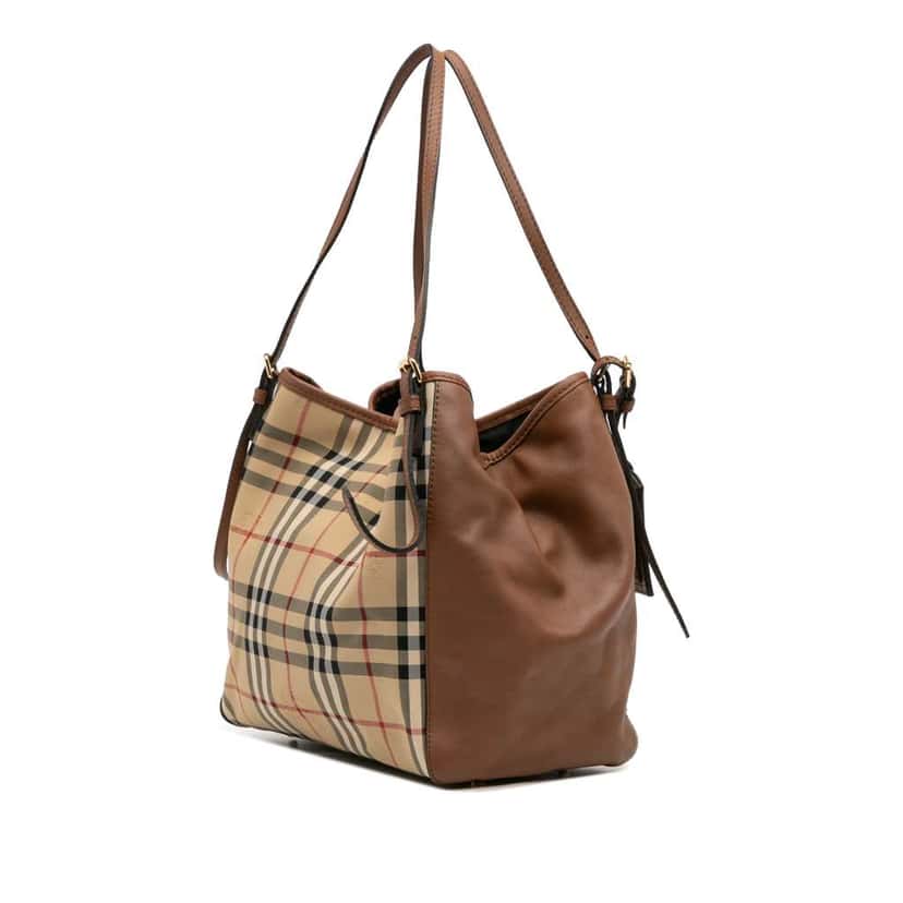 Burberry Small Leather Trimmed Haymarket Check Coated Canvas Canterbury Tote Brown Canvas Good condition - Back View
