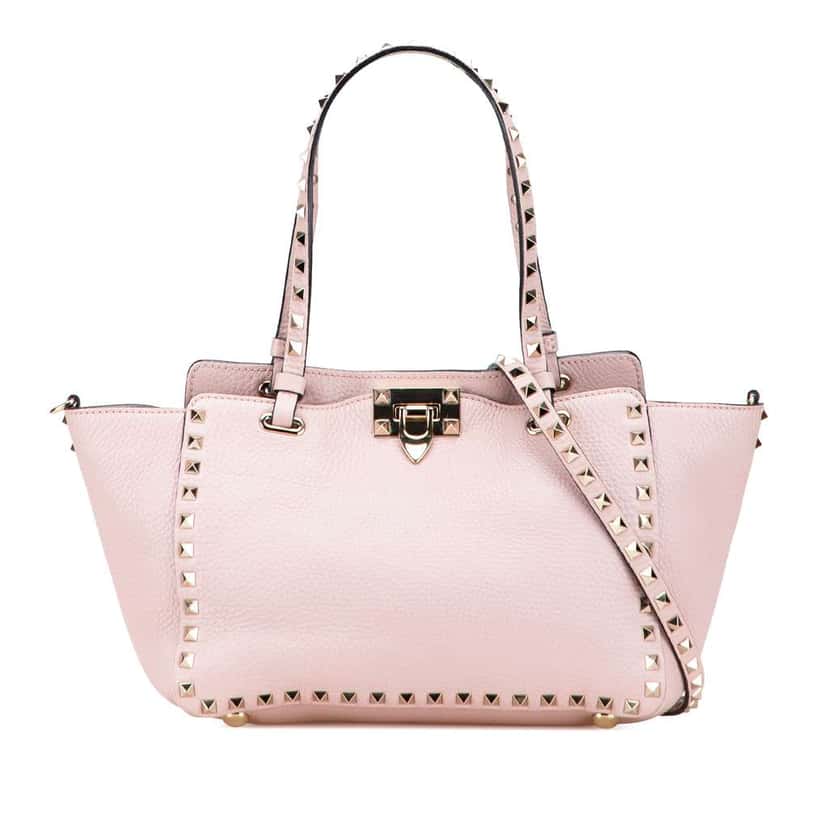 Valentino Small Grained Calfskin Rockstud Trapeze Satchel Pink Leather Good condition - Front View