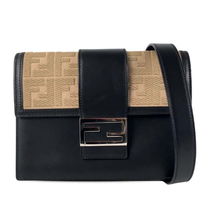 Fendi Calfskin and Canvas FF 1974 Flat Baguette Crossbody Black Leather Good condition - Front View