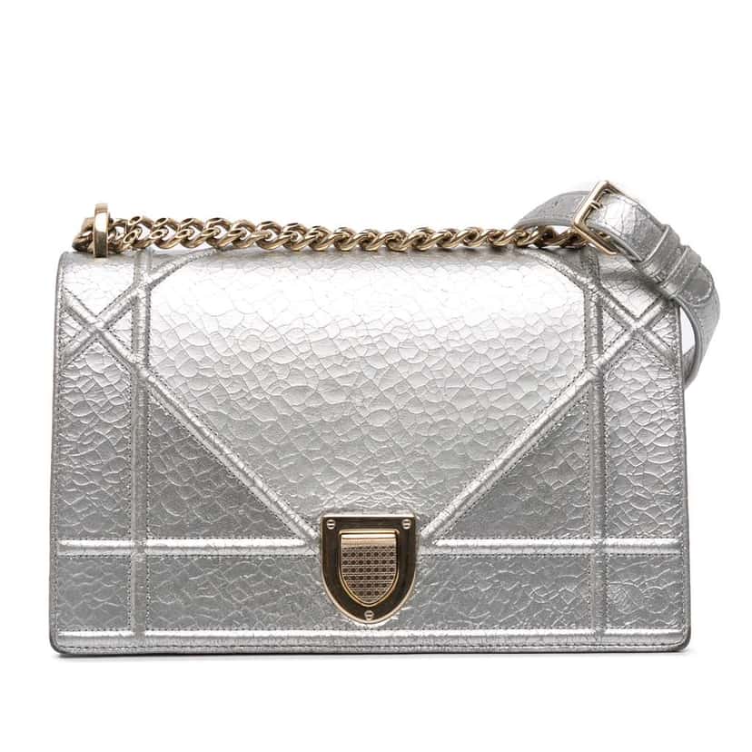 Dior Medium Metallic Ceramic Effect Deerskin Diorama Flap Silver Leather Good condition - Front View