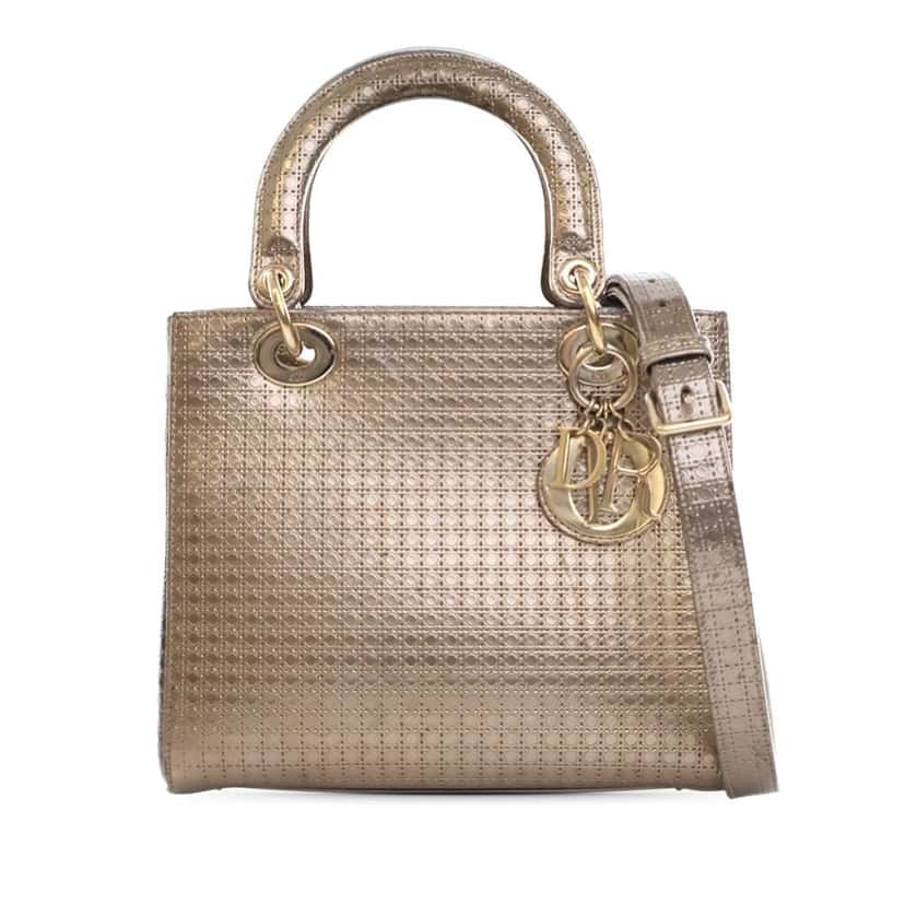 Dior Medium Metallic Patent Microcannage Lady Dior Gold Leather Good condition - Front View