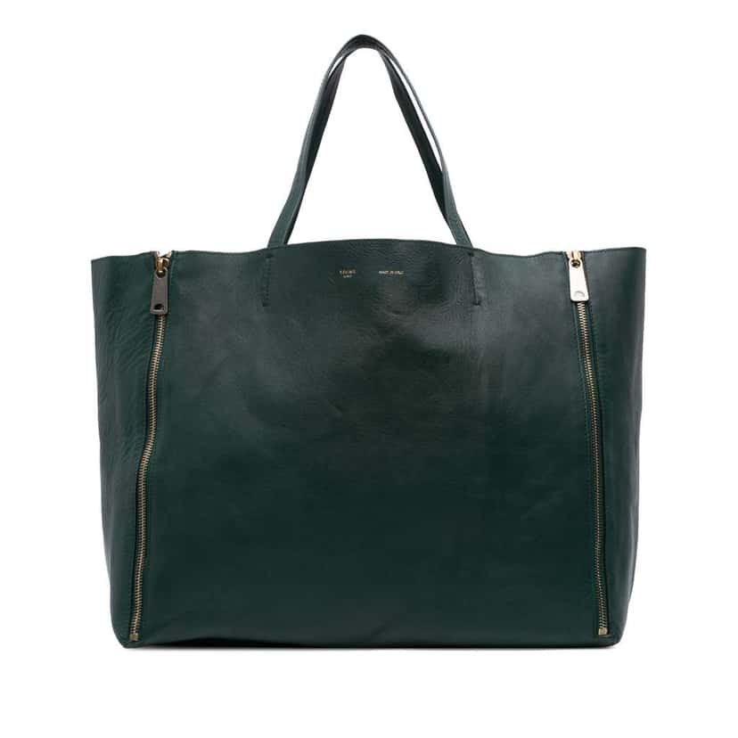 Celine Lambskin Horizontal Zipper Gusset Cabas Tote Green Leather Good condition - Front View