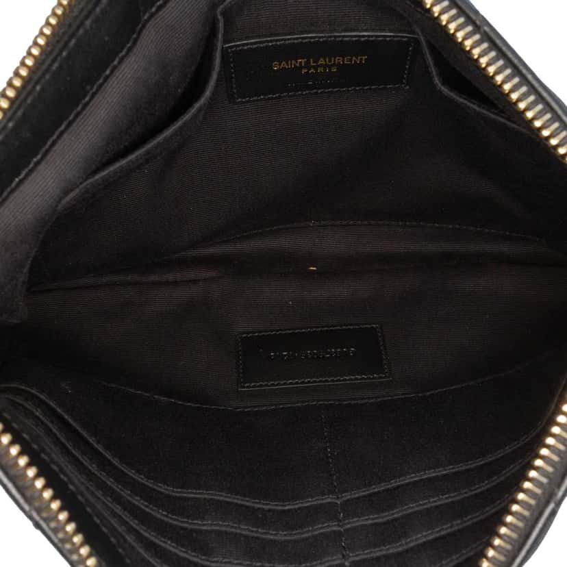 Saint Laurent Chevron Leather Monogram Zip A5 Wristlet Pouch Black Leather Good condition - Model View