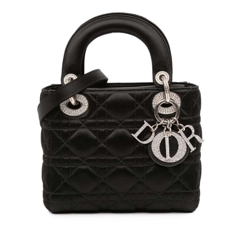 Dior Mini Satin Cannage Swarovski Crystal Lady Dior Black Satin Good condition - Front View