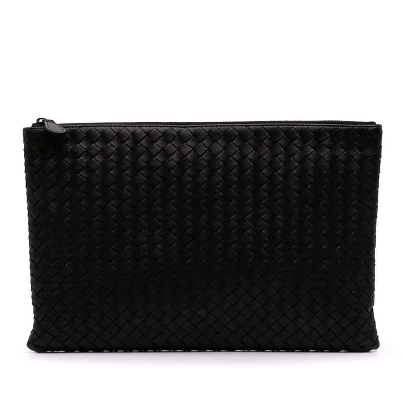 Bottega Veneta Large Nappa Intrecciato Flat Zip Biletto Pouch Black Leather Good condition - Front View