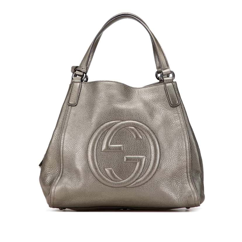 Gucci Medium Metallic Leather Soho Cellarius Tote Grey Leather Good condition - Front View
