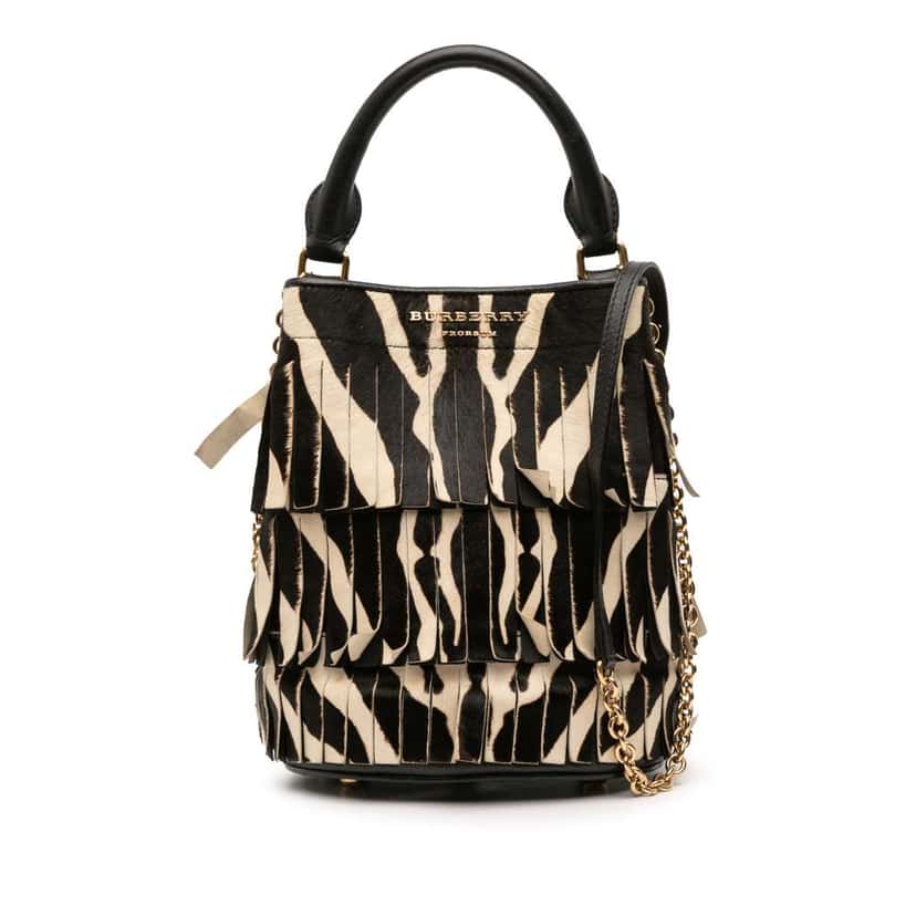 Burberry Prorsum Animal Printed Pony Hair and Leather Fringe Bucket Bag Black Good condition - Front View