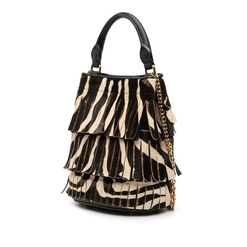 Burberry Prorsum Animal Printed Pony Hair and Leather Fringe Bucket Bag Black Good condition - Back View