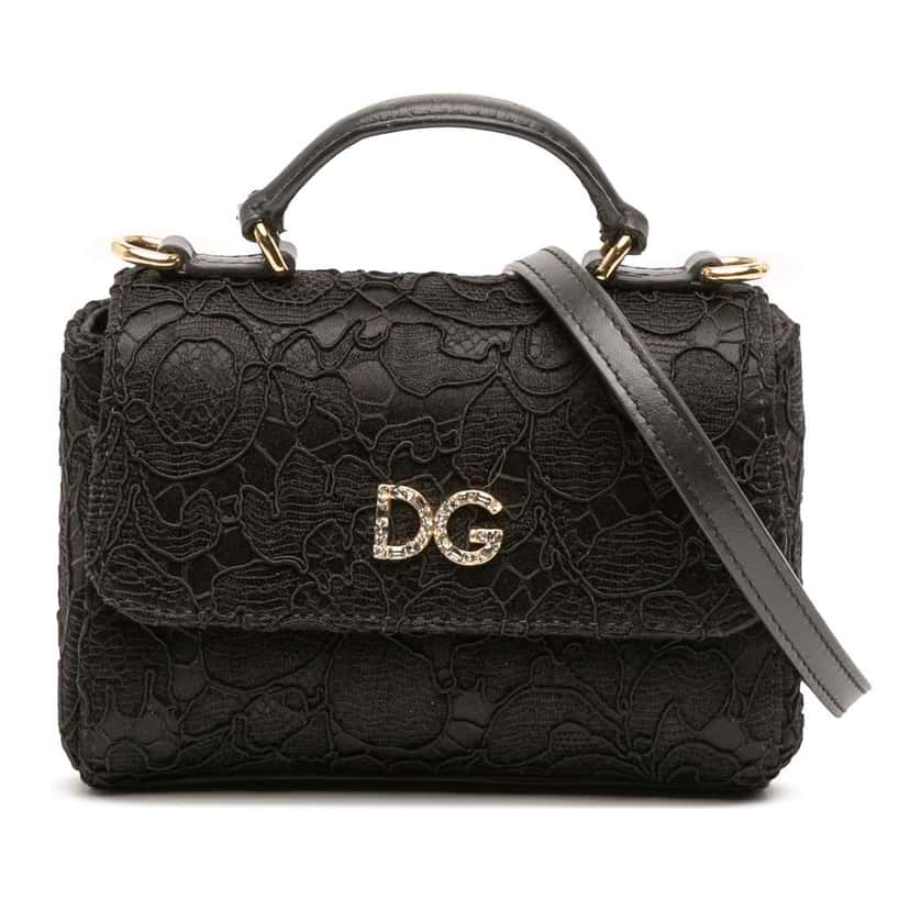 Dolce & Gabbana Silk and Lace Crystal Embellished DG Flap Satchel Black Silk Good condition - Front View